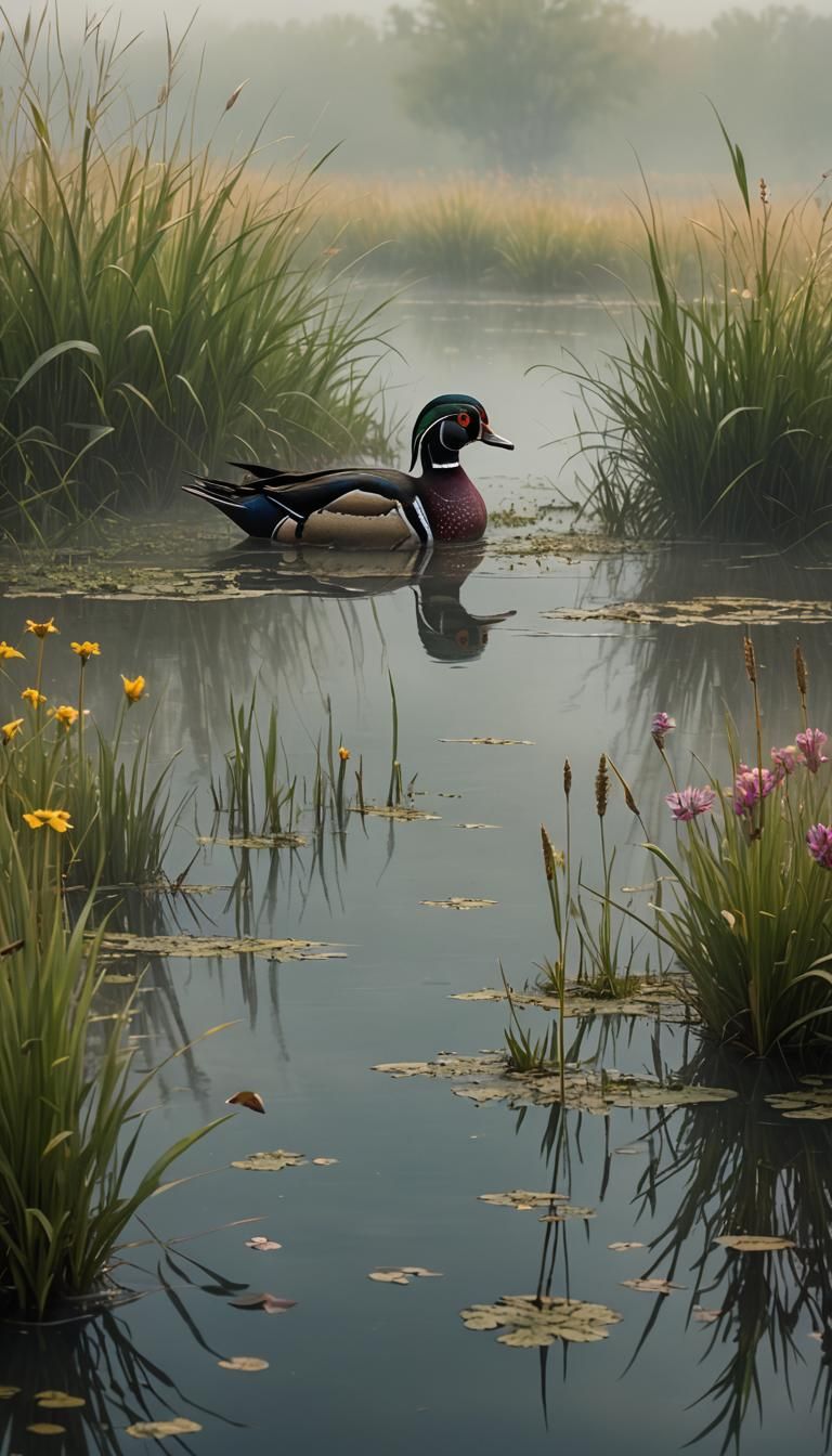 Wood duck in a mist covered pond. Tall grass and wildflowers...