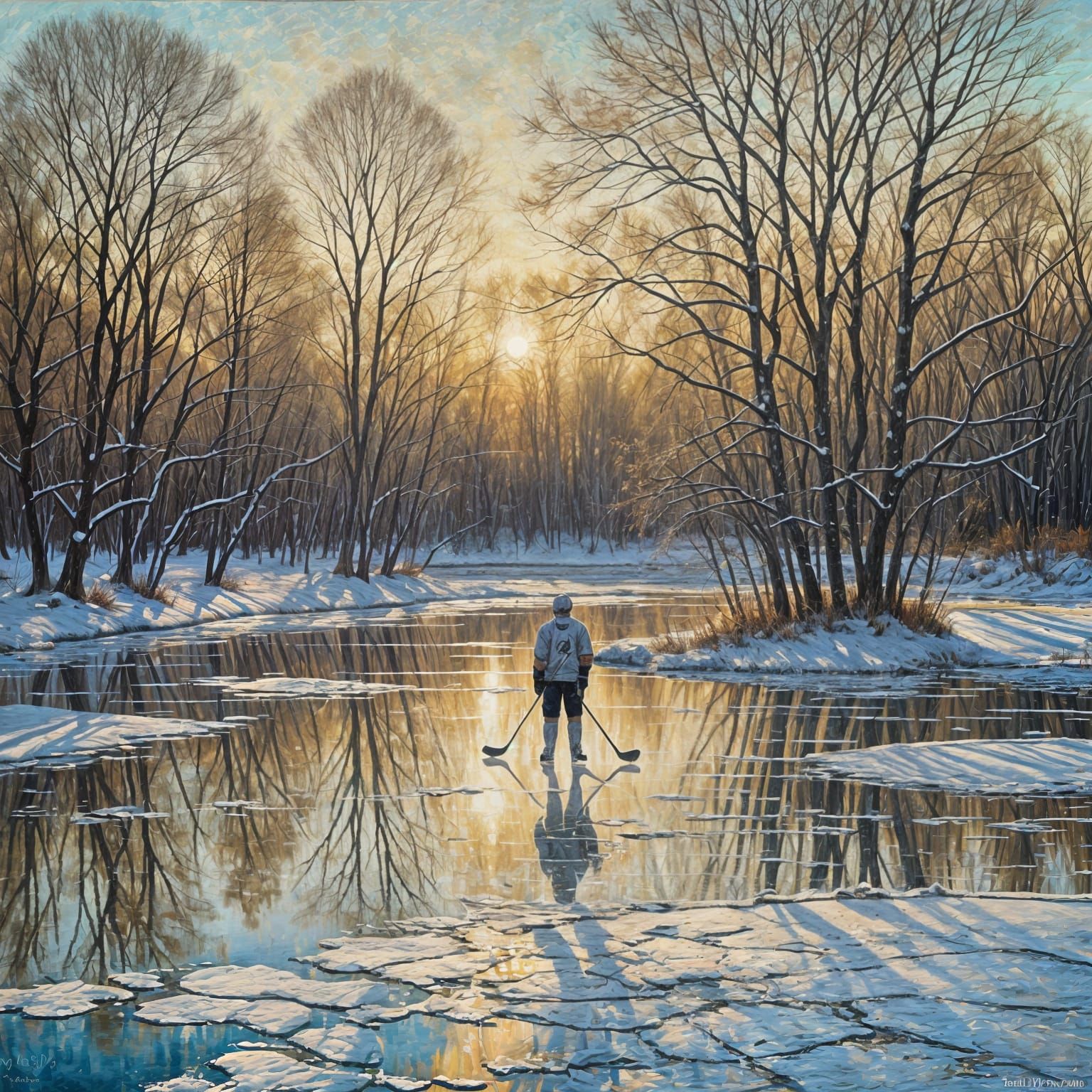 A lone hockey player on a frozen pond, dappled sunlight through bare trees. Soft, blurred edges, visible brushstrokes. A se...