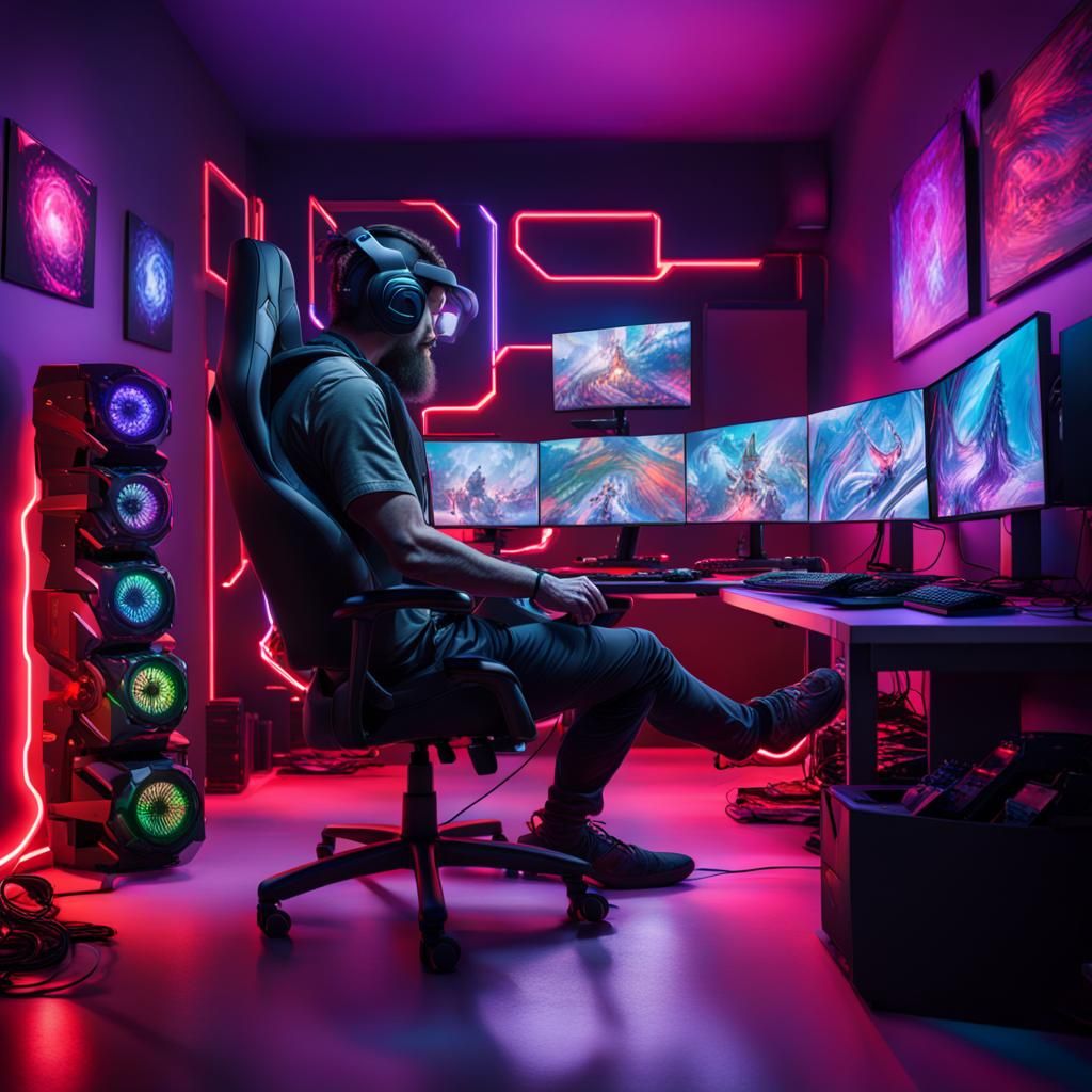 photo of gaming room with man sitting on gaming chair. the room has an ...