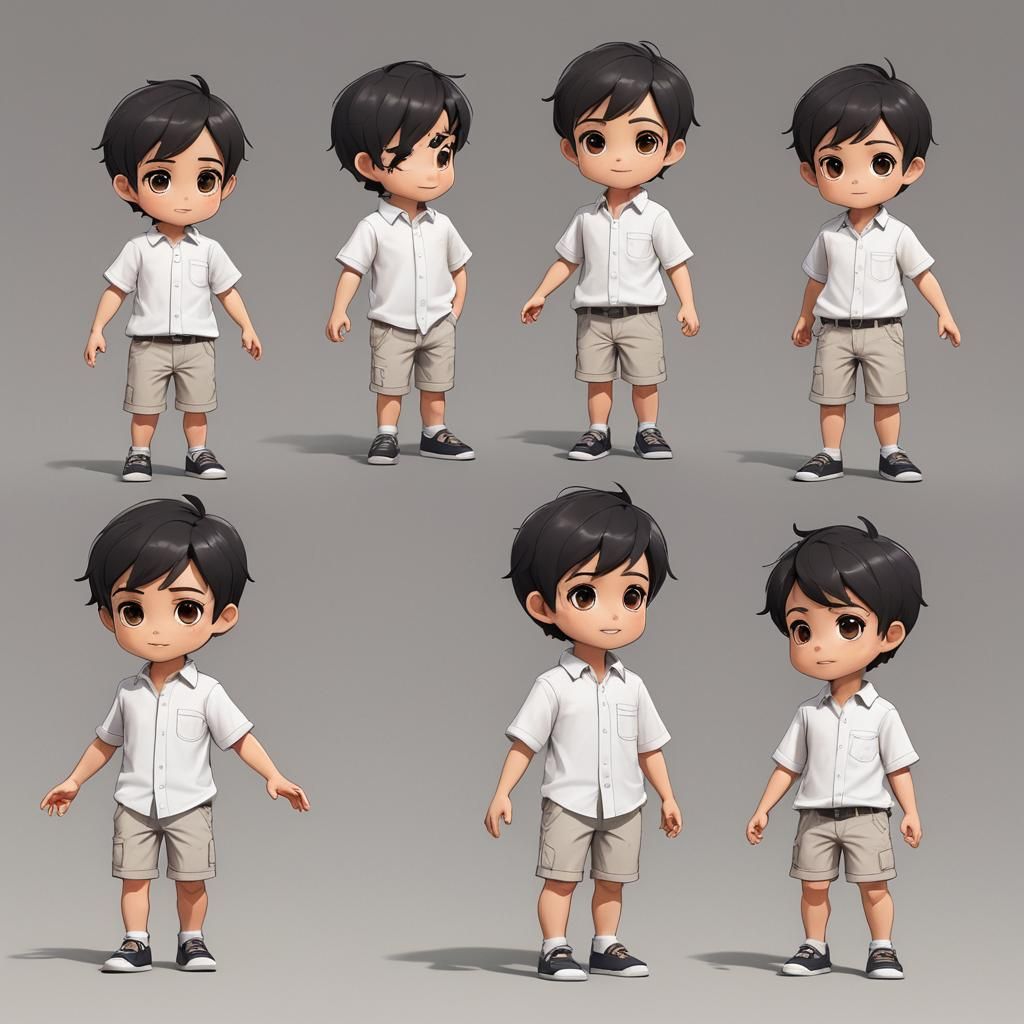 Create a chibi-style character sheet of a toddler boy with s...