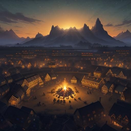 The village of Umudike illuminated by bonfires and lanterns,...