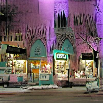 Pastel gothic downtown shops winter night