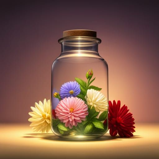 A glass jar with flowers inside of it and with glowing aroun...