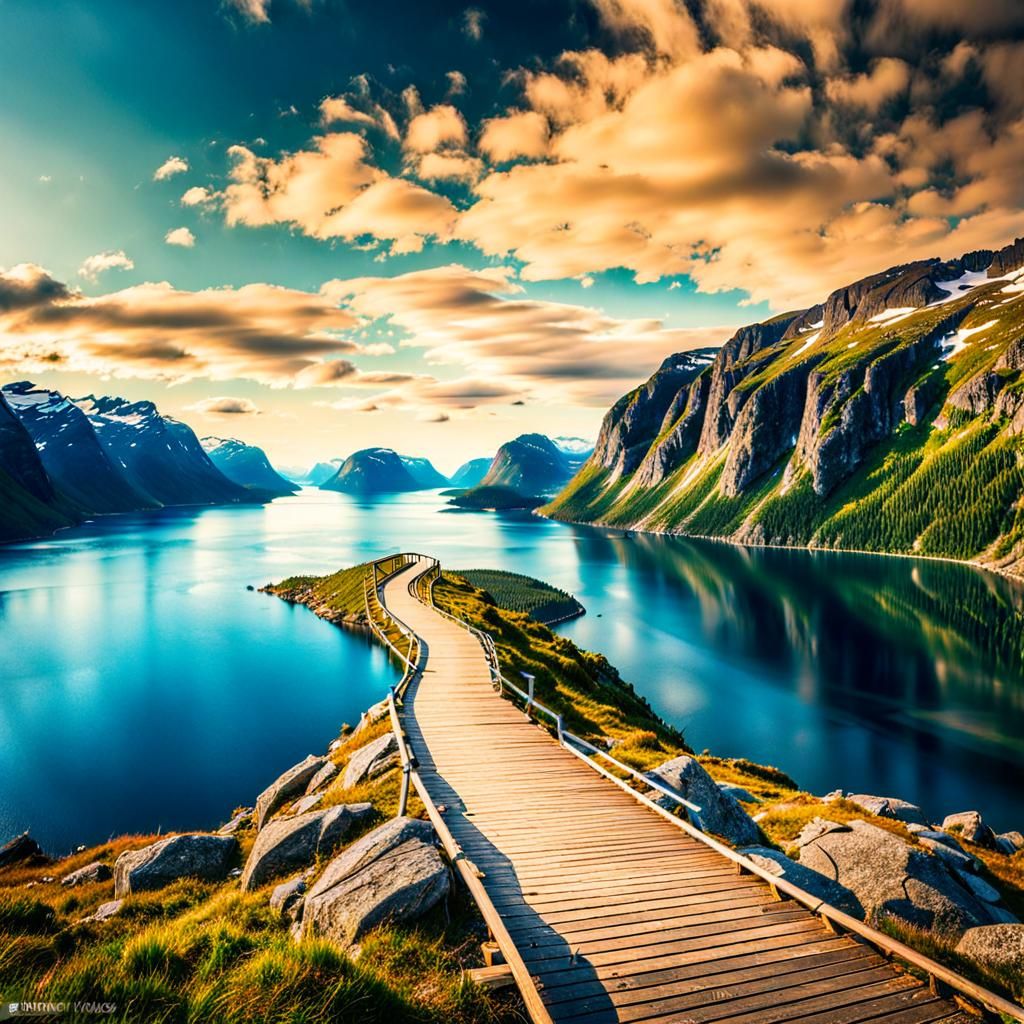 Paths to a Norwegian fjord in summer