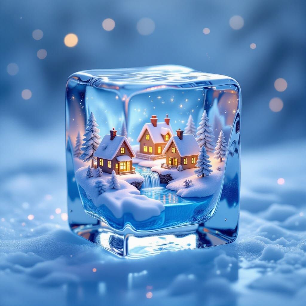 Miniature World Inside Ice Cube Floating in Water