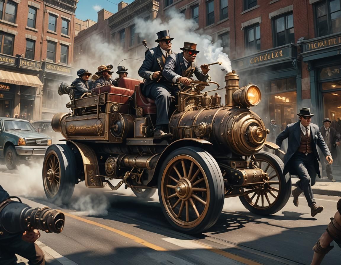 Cyclops stops a speeding steam car carrying bank robbers with their loot on busy city street Hyperrealistic, splash art, concept art, mid sh...