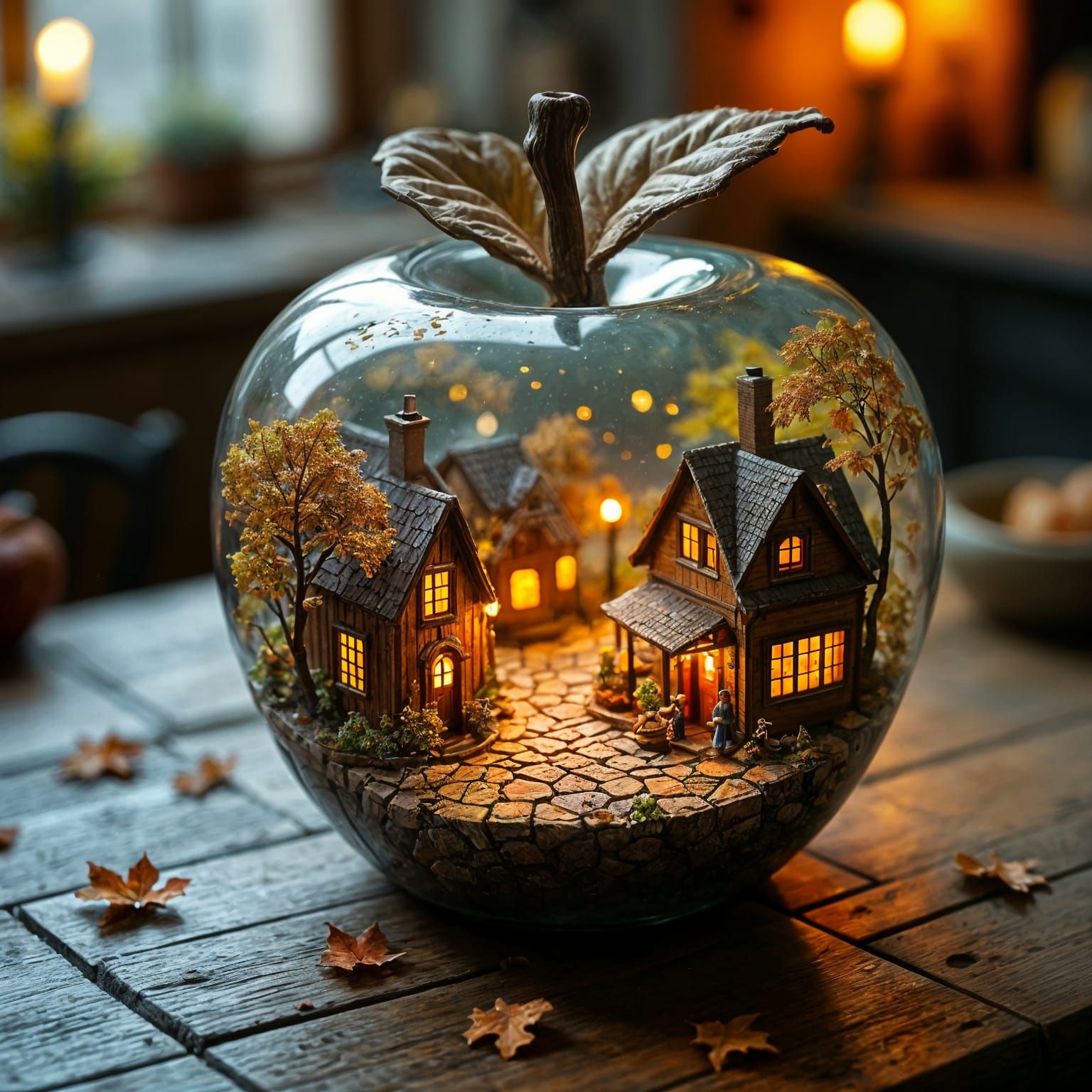 A glass apple with a miniature world inside. Inside the apple, a charming autumn village with cobblestone ...  by @KomBib