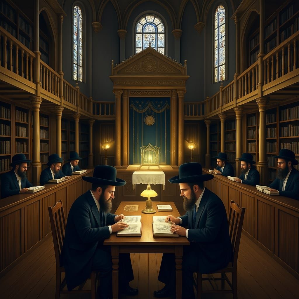 "A group of Jewish individuals sitting around tables in a traditional Jewish synagogue. Each of them is studying from holy books, with deep ...