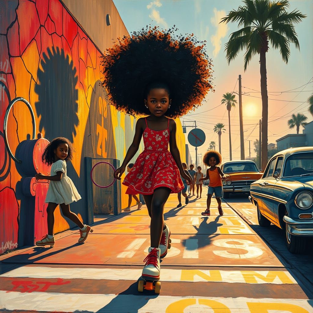 A radiant 1970s urban summer unfolds in chiaroscuro layers, where shafts of hydrant spray fracture the afternoon light w...