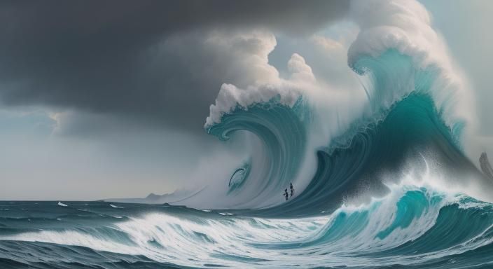 an anime style sea storm with big waves a rough sea with hug...