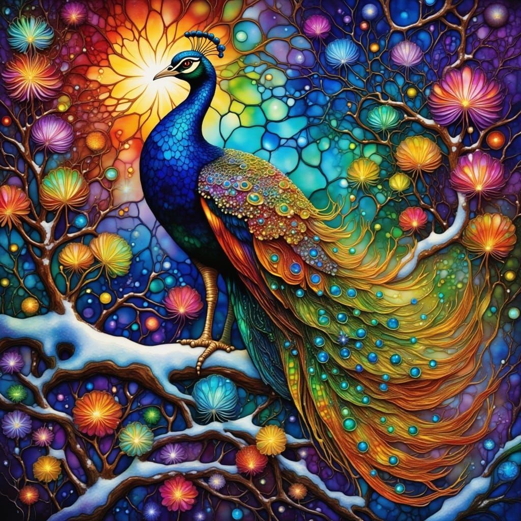 stained glass peacock on a snow covered floral branch  by @Victoria G