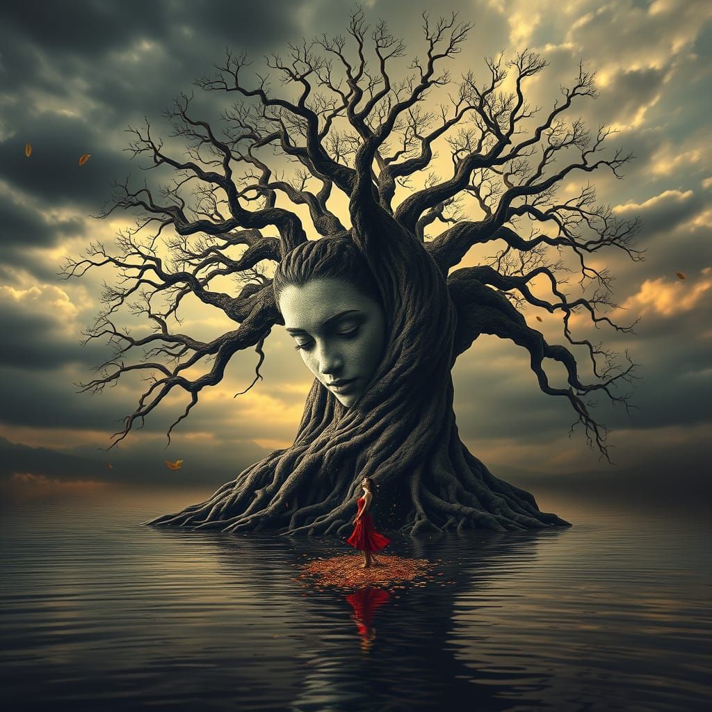 A surreal fantasy artwork depicting a giant, ancient tree whose twisted roots and branches form the elegant face of a woman. Her expression ...