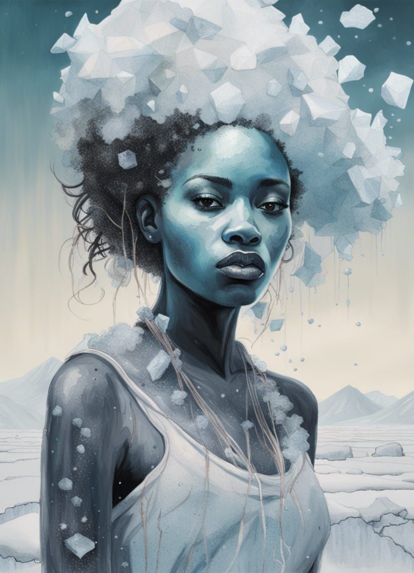Icy Portrait of a Young African Woman in Hyperrealism Style