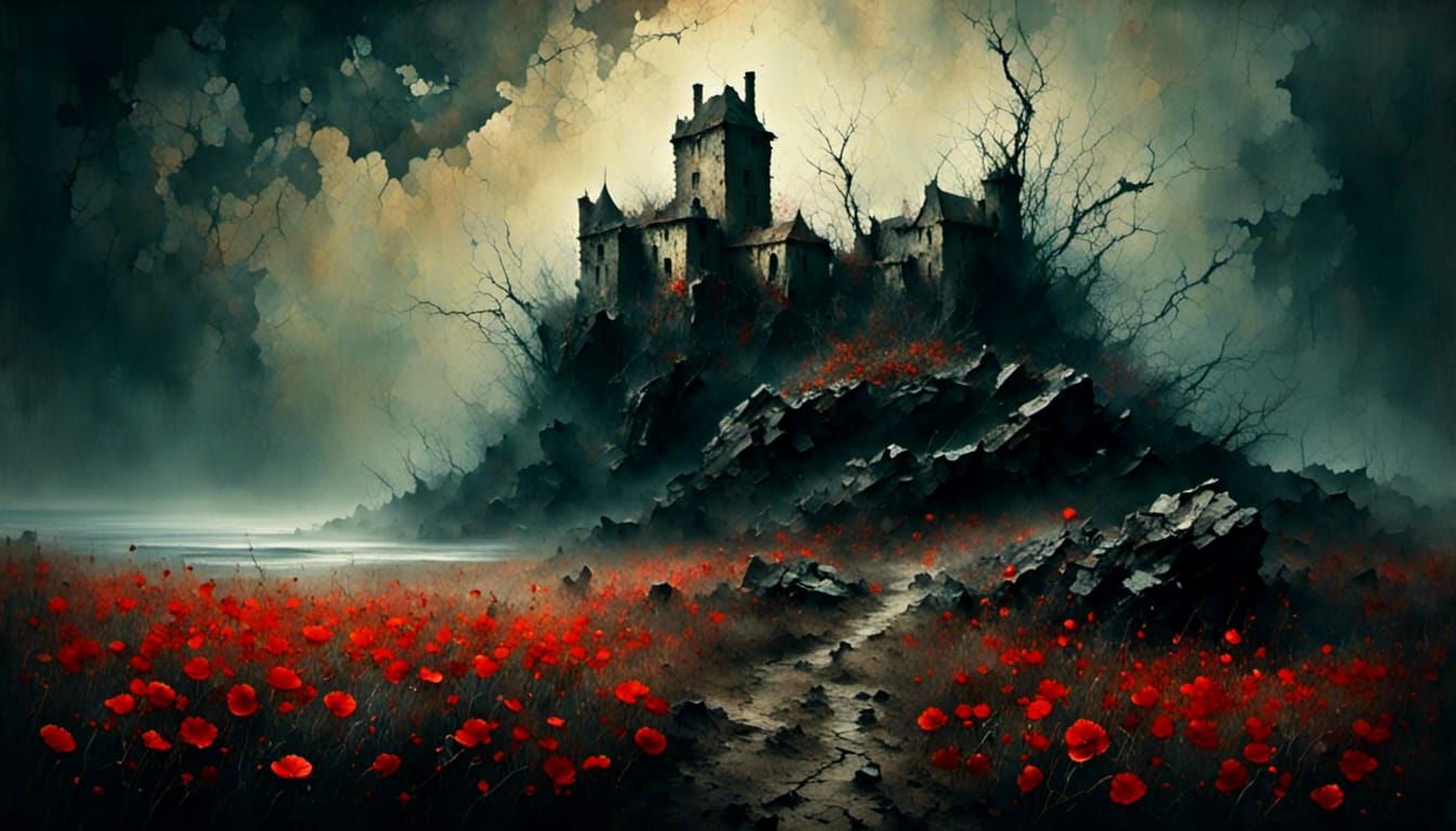 Stony ruin of a castle at the ocean surrounded by red poppy ...