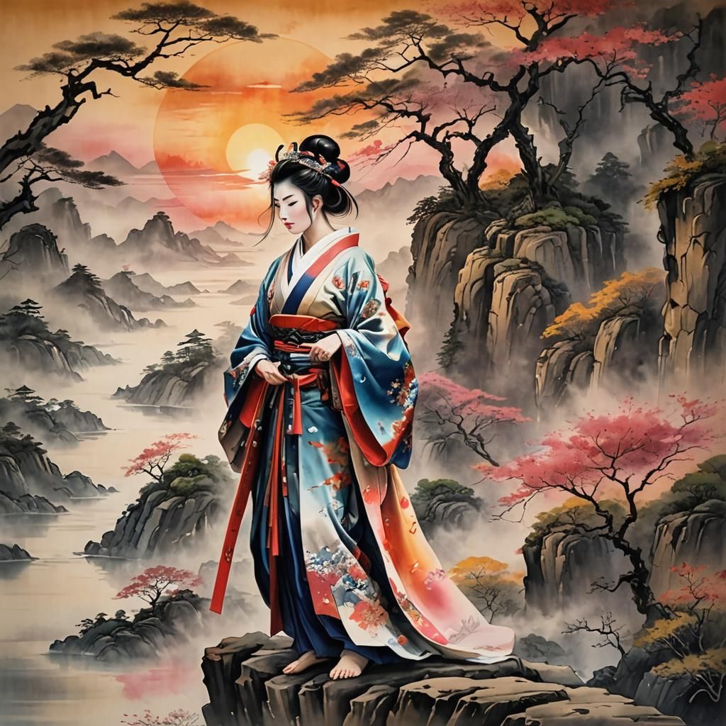 Samurai and Geisha at Sunset: Ink on Silk