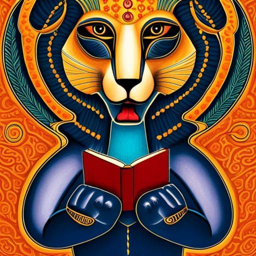 Surreal Sekhmet Egyptian God reading a book - AI Generated Artwork ...