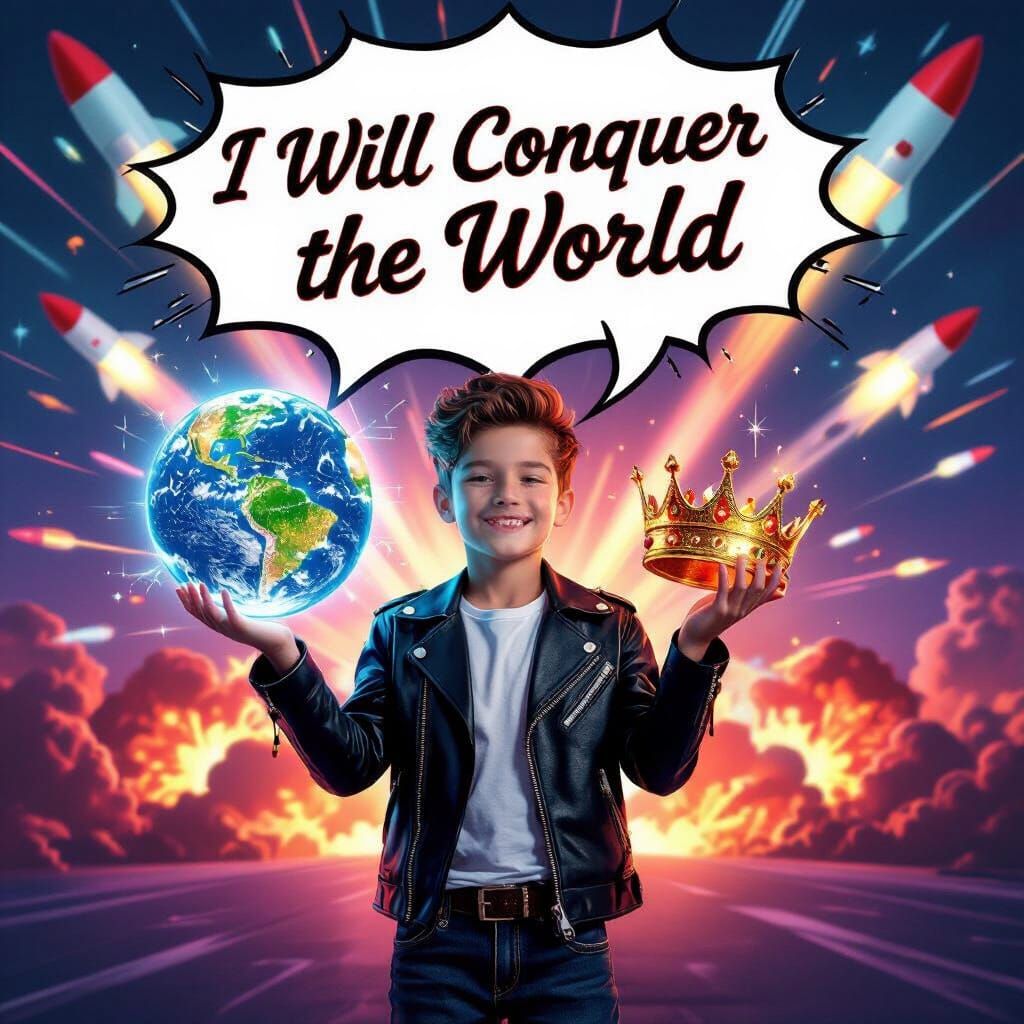 Boy Conquering World in Lo-Fi Sci-Fi Style