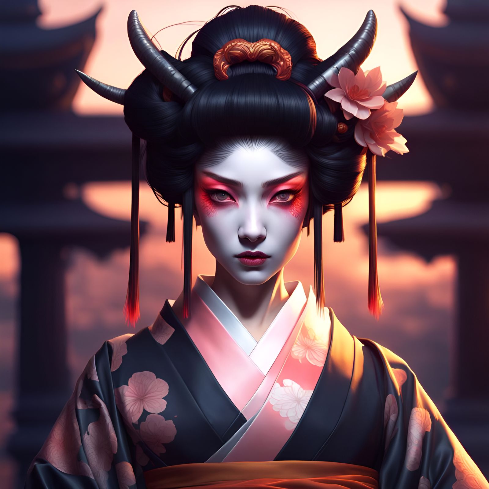 young geisha, demon mask, black, sunset head and shoulders portrait, 8k ...