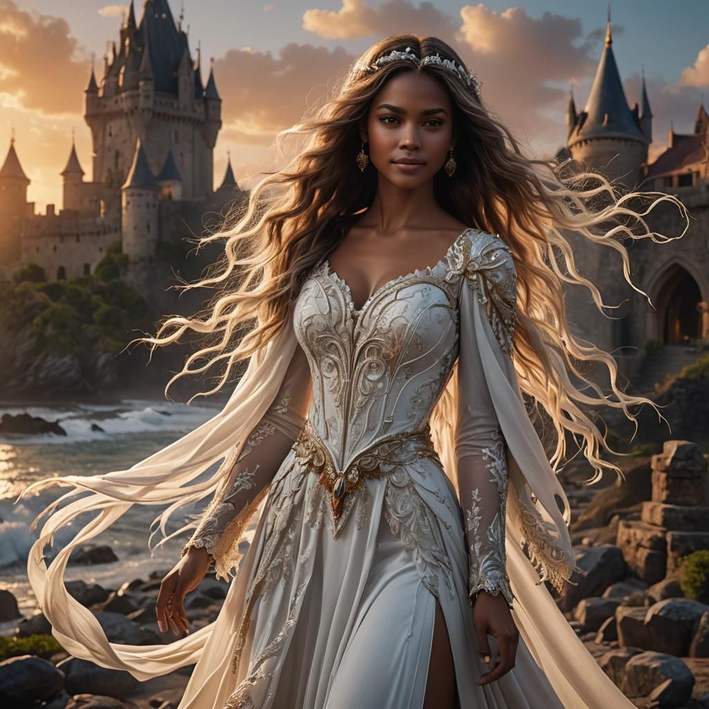 châtain very 
long hair ondulé yeux  white decollté very 
hi...