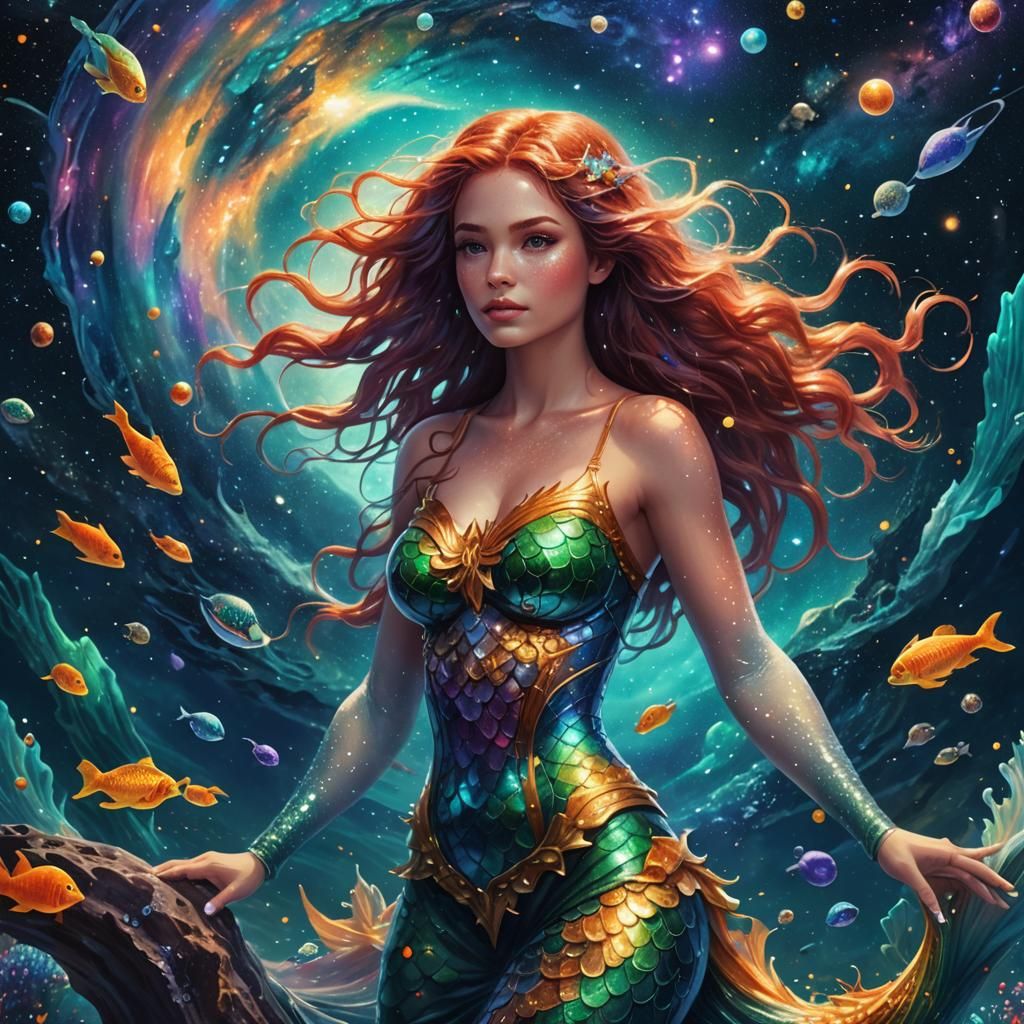 female mermaid with freckles exploring a galaxy-like ocean