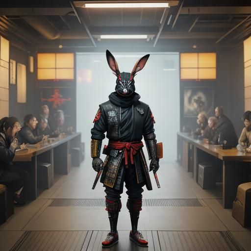 Anthropomorphic rabbit wearing a  samurai suit and a Japanes...