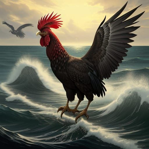 Surreal Rooster Soars Over Crashing Ocean Waves