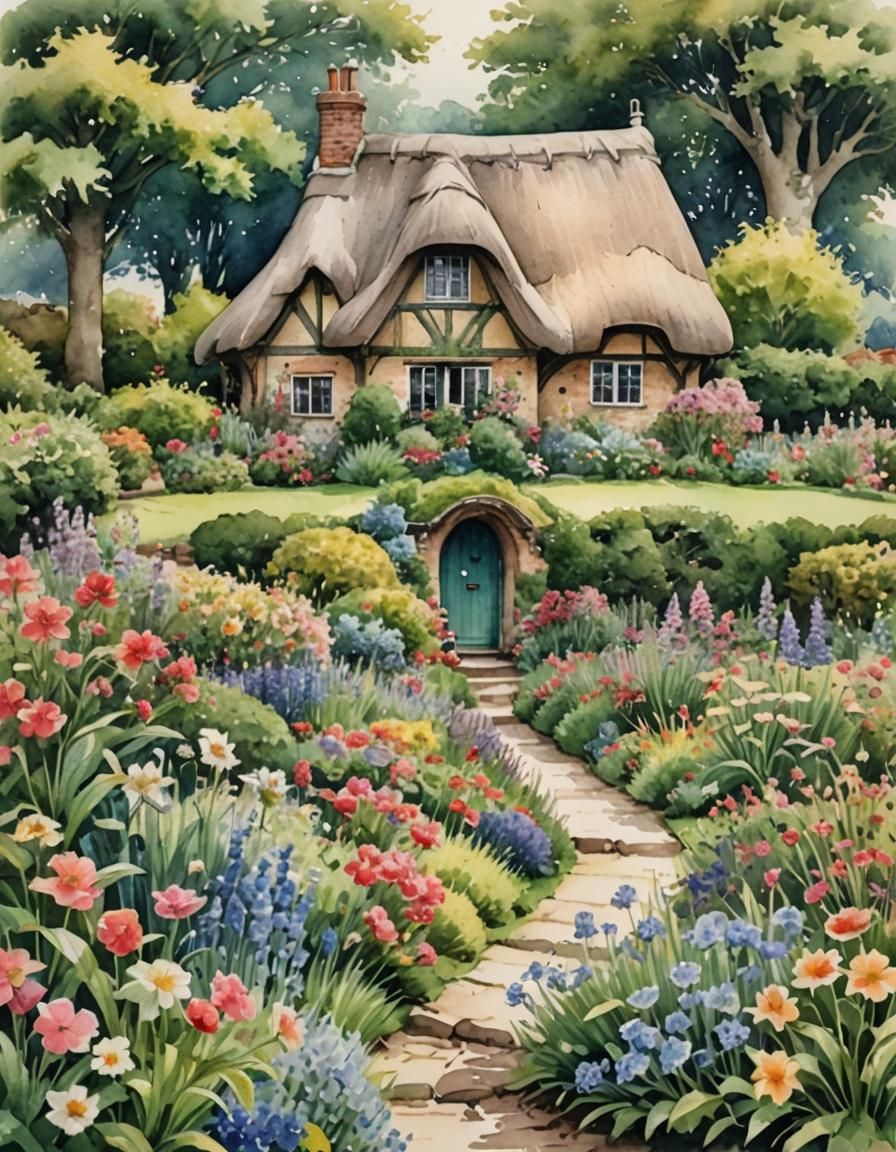 thatched small single story english cottage garden watercolo...