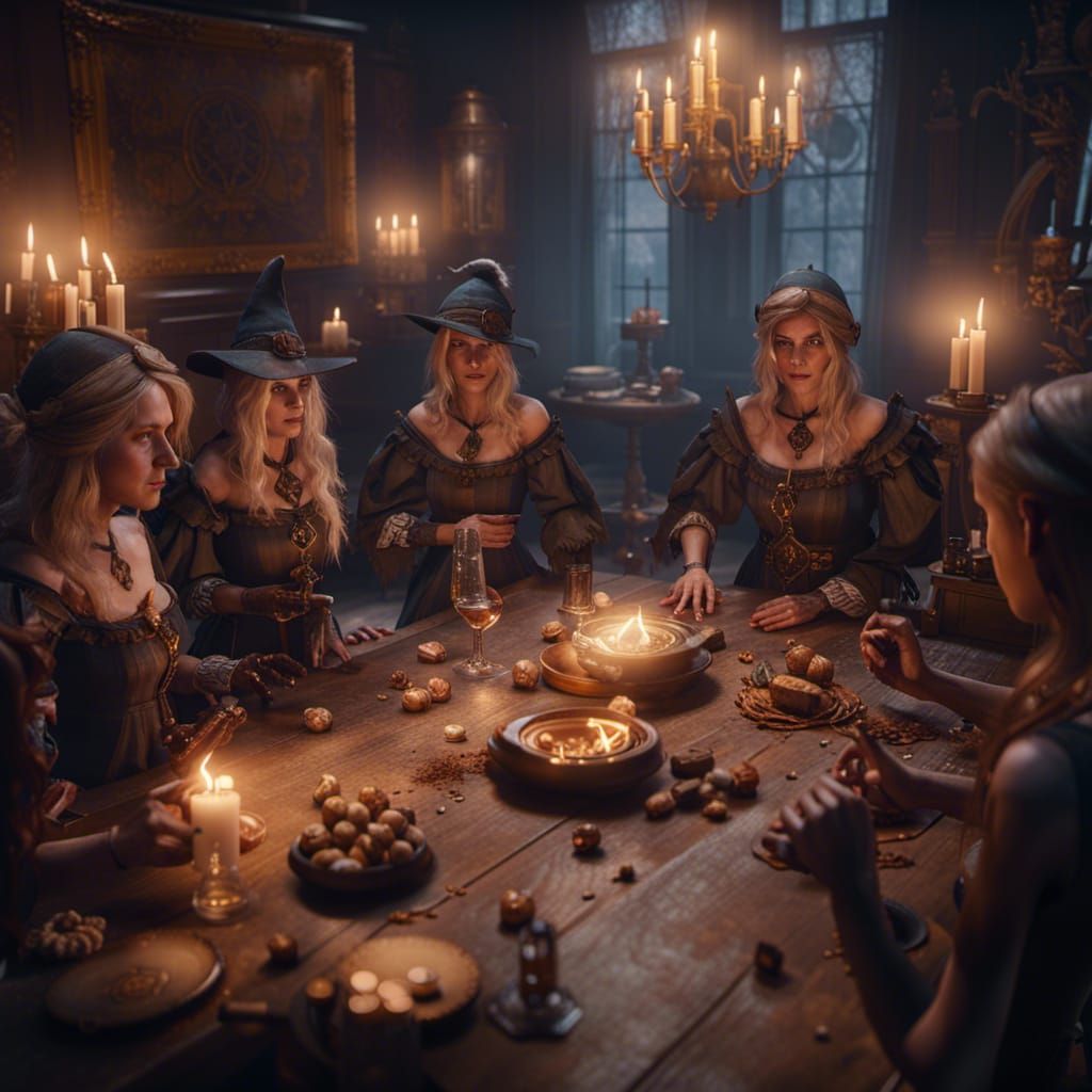 Good Witches Meeting in a 3D Game Cinematic Style