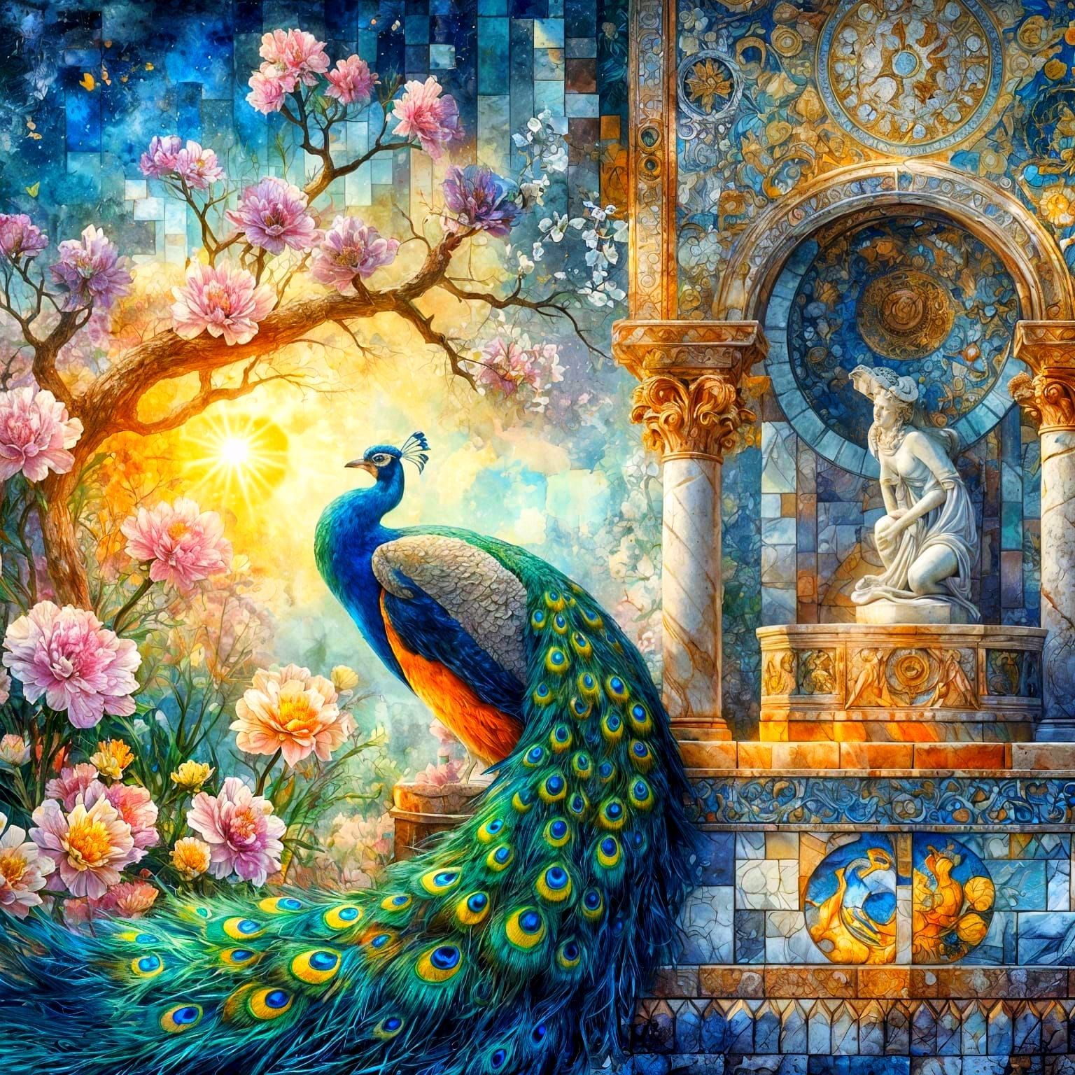 Fountain with peacock  by @JackKerouac