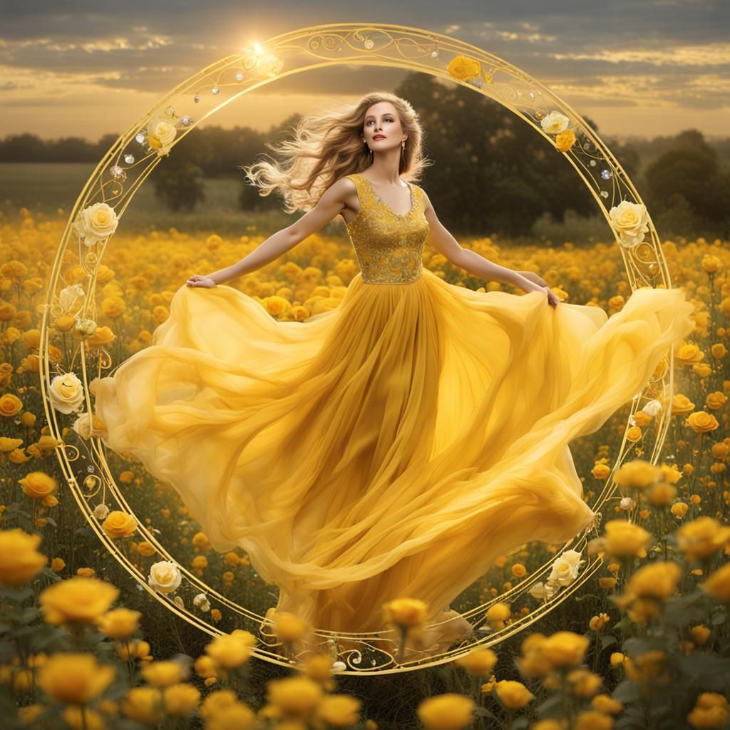 Lady in yellow illuminated flowing dress, gold edging,  long flowing blonde hair, dancing in a field ...  by @Vicki A 