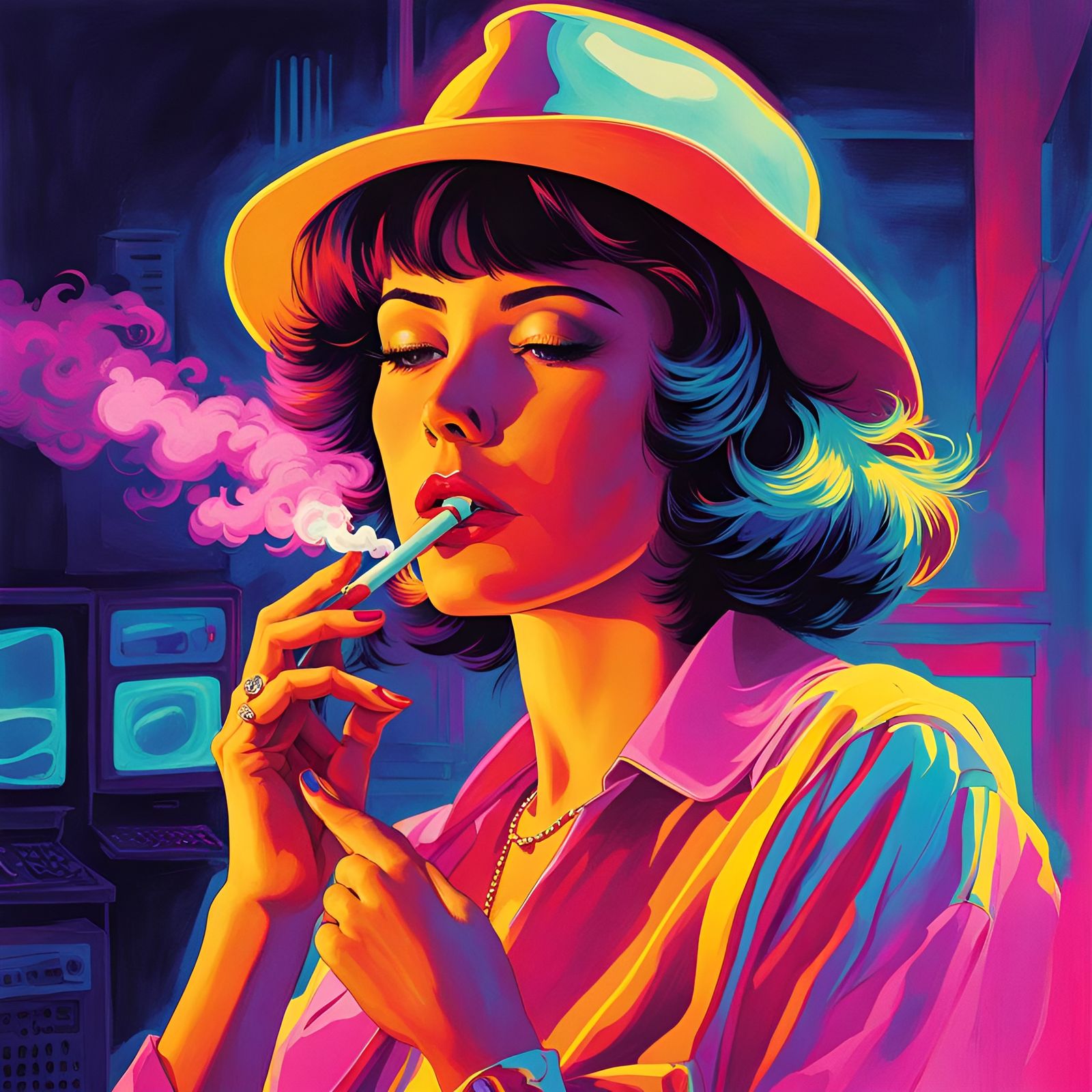 Woman smoking a cigarette vaporwave retro picture, chaotic, neon ...