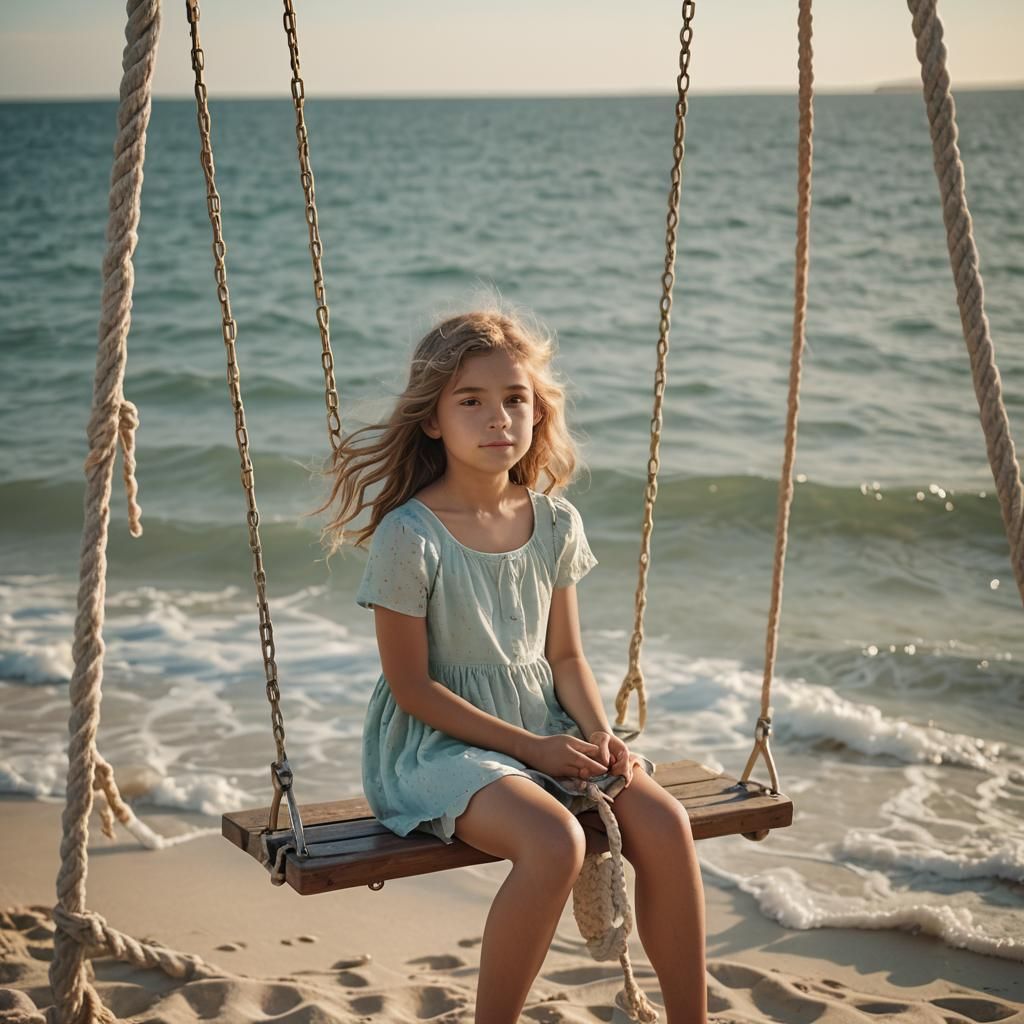 Idyllic Beach Portrait of Girl on Swing