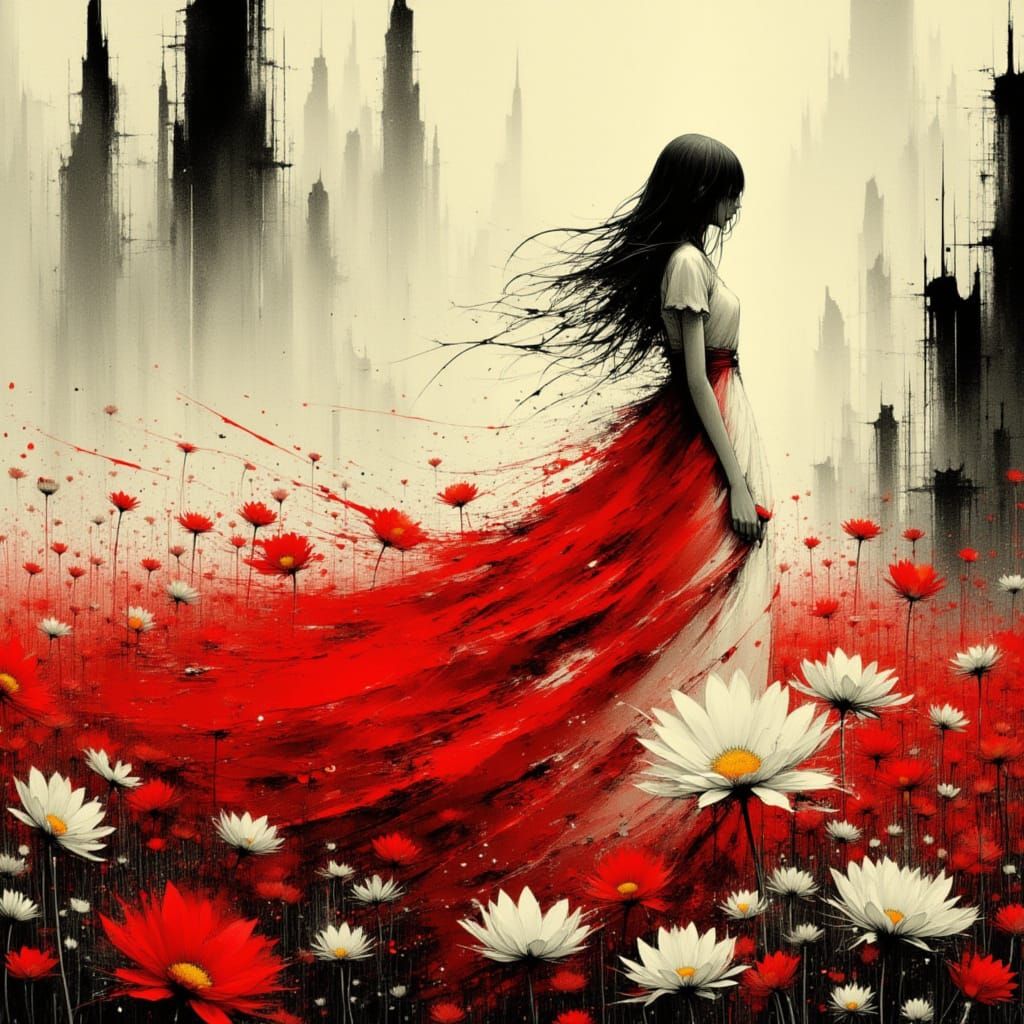 <lora:Akimora:1.0> <lora:Fleur Apparition:1.0> Red, breathtaking ghost woman drifts through a wind-torn field of oversized daisies, each blo...