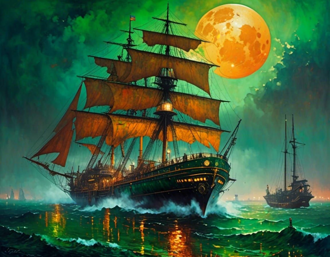 steampunk catamaran in stormy waether at night bloodmoon, backround: harbour, lighthouse <lora:Red blue nautica:1.0> ,  complementary colors...