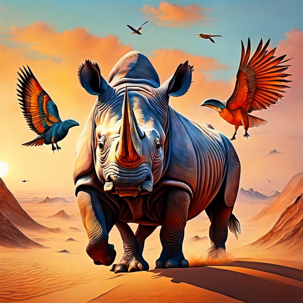 Surreal Rhino with Bird Wings in Desert Painting