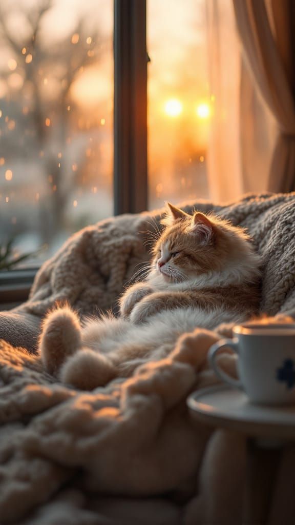 Golden hour light, rain-streaked window, cozy armchair, stea...