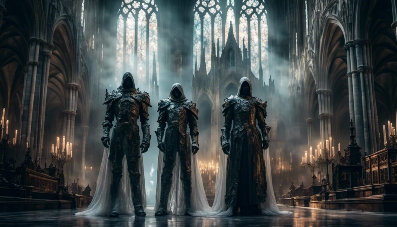 <lora:Ghostly:1.0>  Two gothic-style armoured soldiers from the far future stand in a cathedral-like building