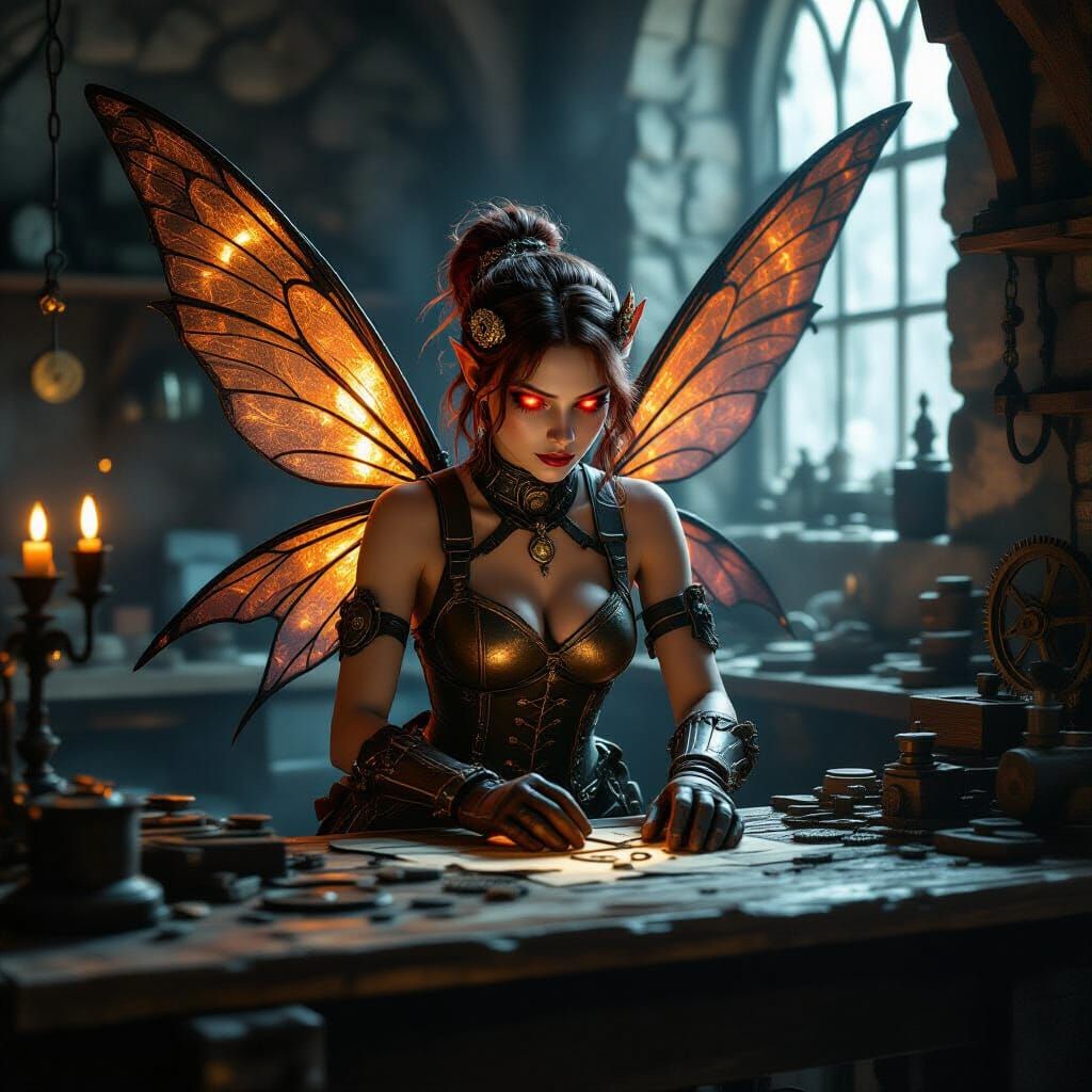 A gothic, candle-lit workshop where a mechanic fairy with tarnished bronze wings works at a cluttered ...  by @Gyanendra Kumar Pandey