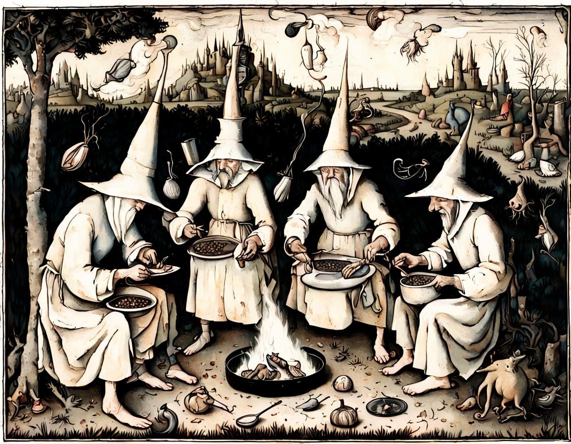Hieronymus Bosch style: Wizards gather around a cooking fire...