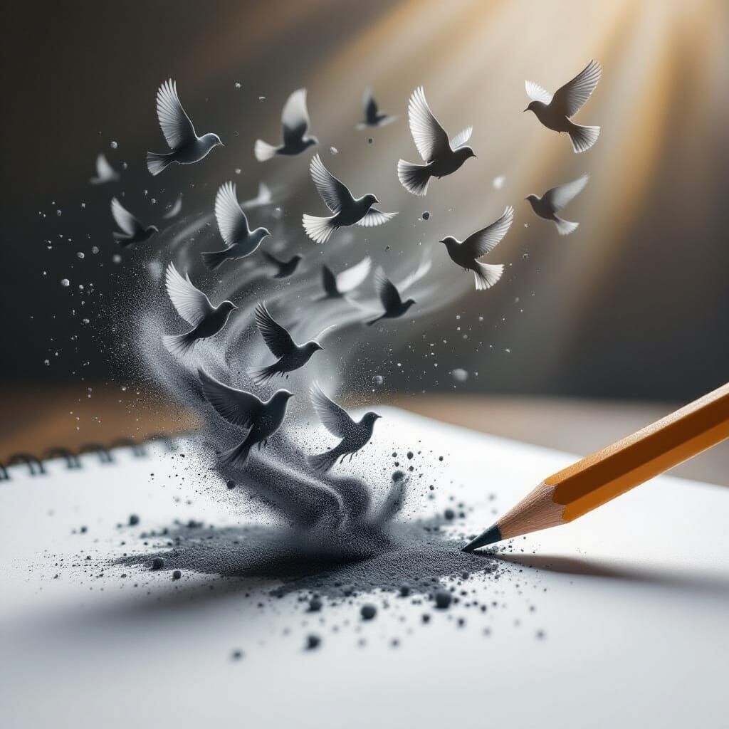 A pencil dissolving into a swirl of birds made from graphite dust, each bird partially drawn and partially real, soaring out of a sketchpad,...