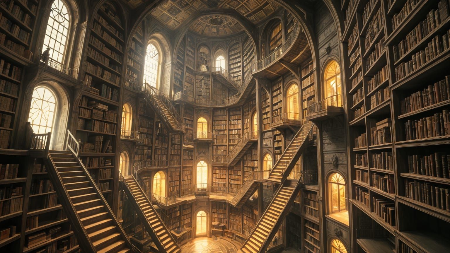 Surreal infinite library inspired by Borges and Escher, hyperrealistic concept art, warm tones, distorted perspective, impossible architectu...