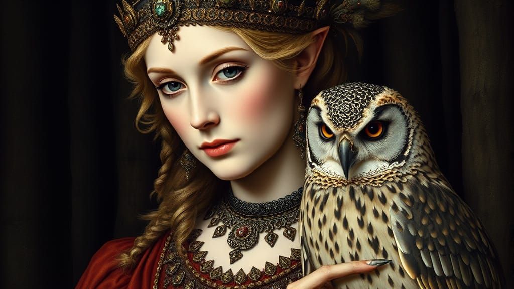 Serene Elven Queen with Regal Eagle-Owl in Dark Forest