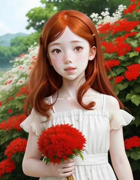 Auburn-haired Girl Picking Flowers in Anime Style