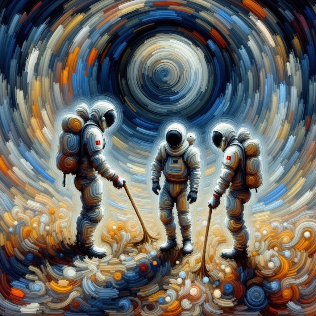 <lora:PaintLines:1.0> Three men in spacesuits tending to the flowers in a geodesic dome of atmosphere on the moon. Swirling style 