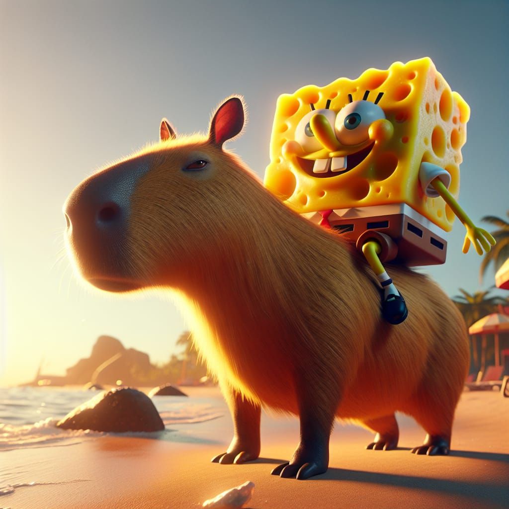 SpongeBob rides a capybara on a beach in Miami