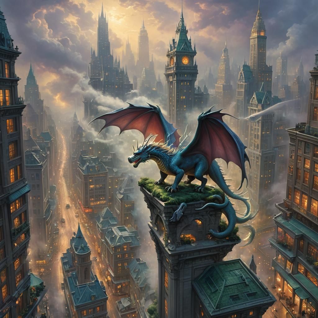 A dragon perched on a skyscraper, or a unicorn walking throu...