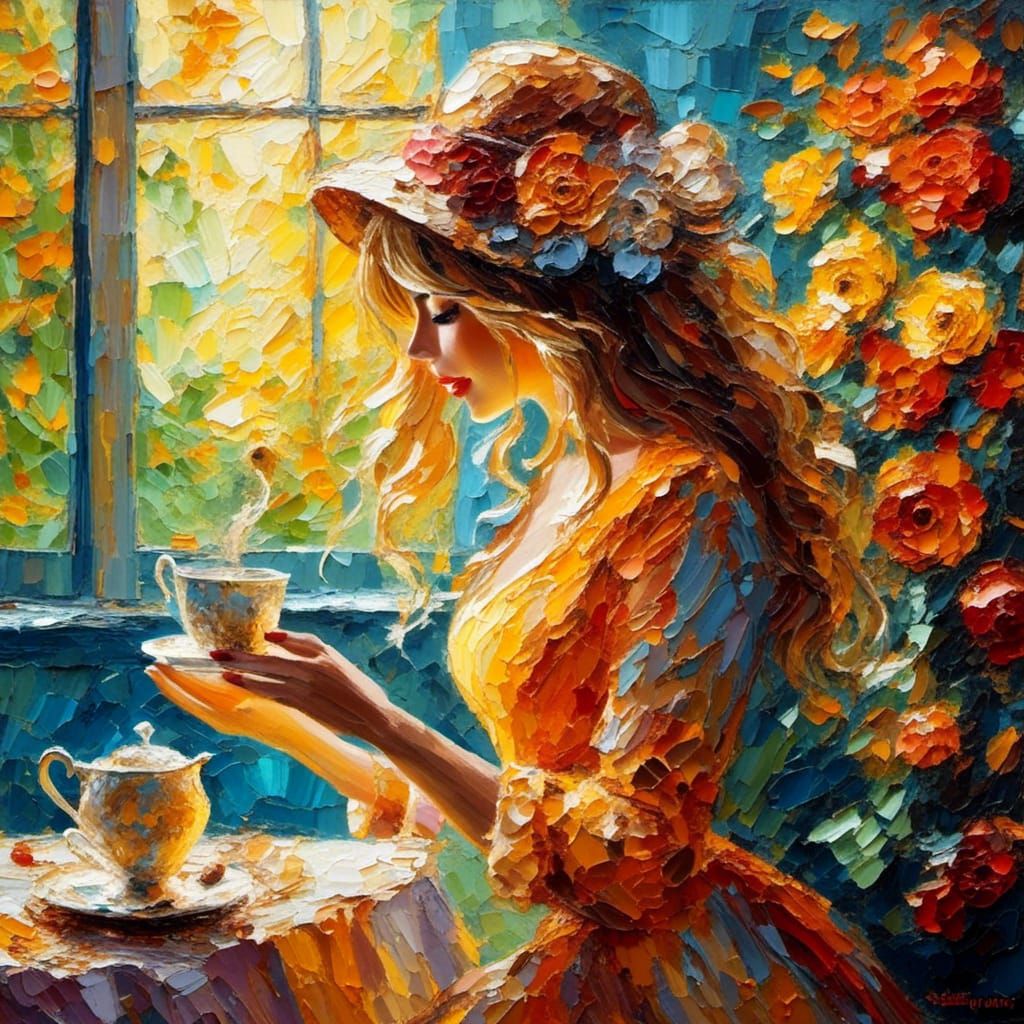 <lora:Impasto Painting:1.0> woman and cup o tea,