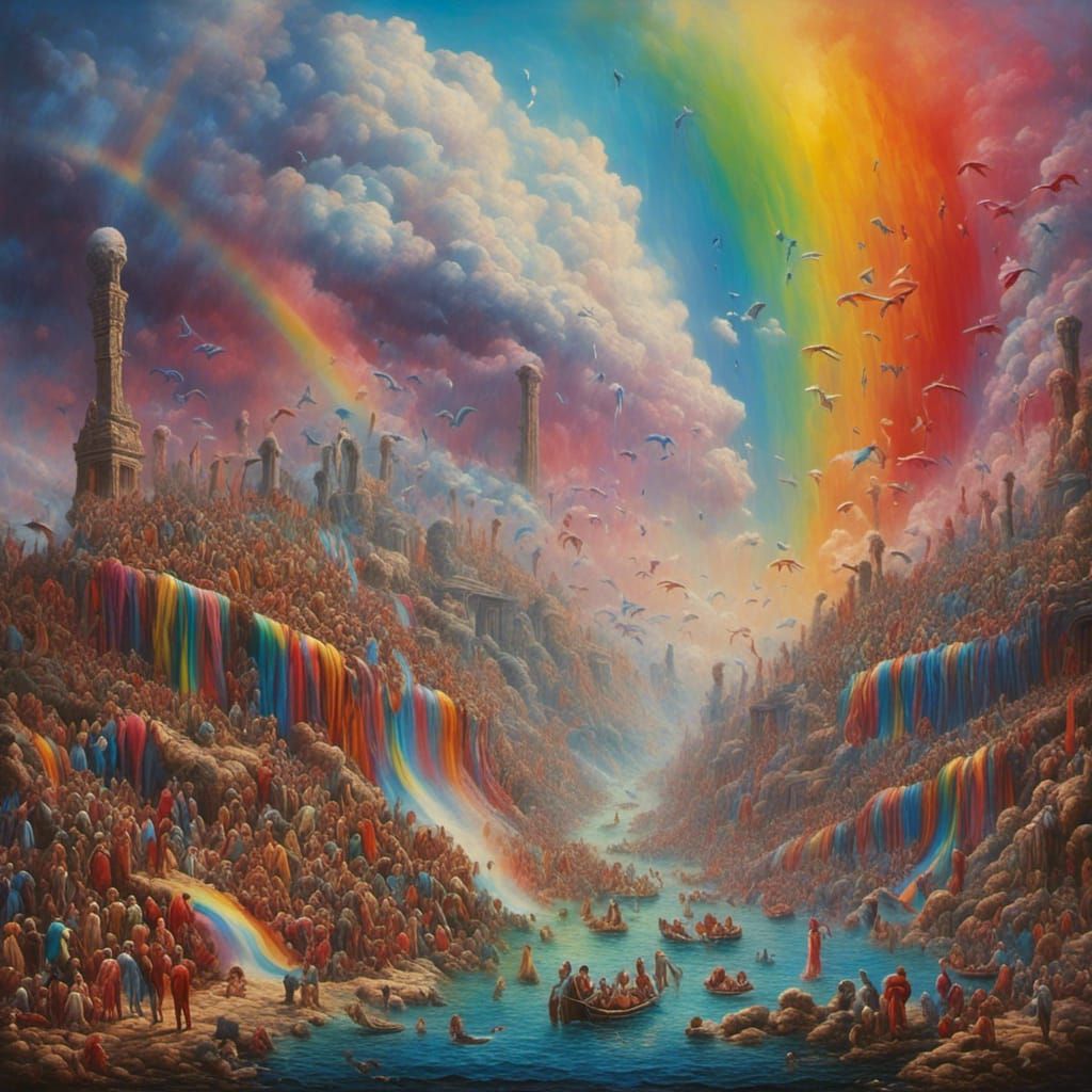 People would gather from miles around,  to see the mighty Rainbow knock them down, oil painting, colorful, psychedelic <lora:Romantic Oil Pa...