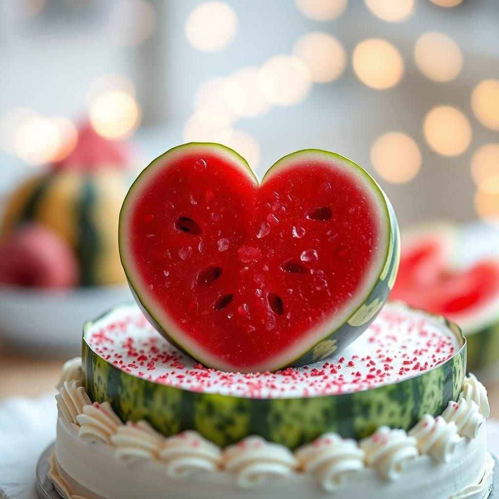 Heart-Shaped Watermelon Cake in Vibrant Bokeh Lighting