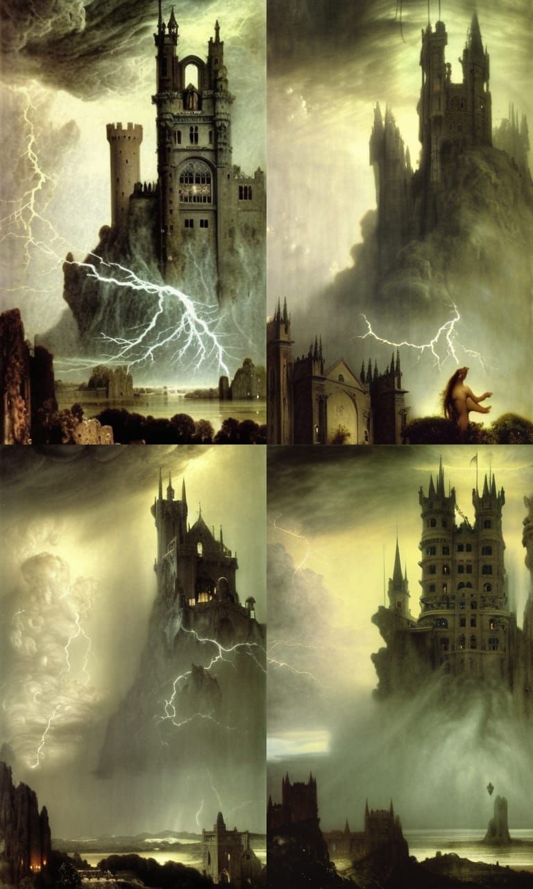 Epic colossal gothic castle, thunderstorm by Arnold Bocklin,...
